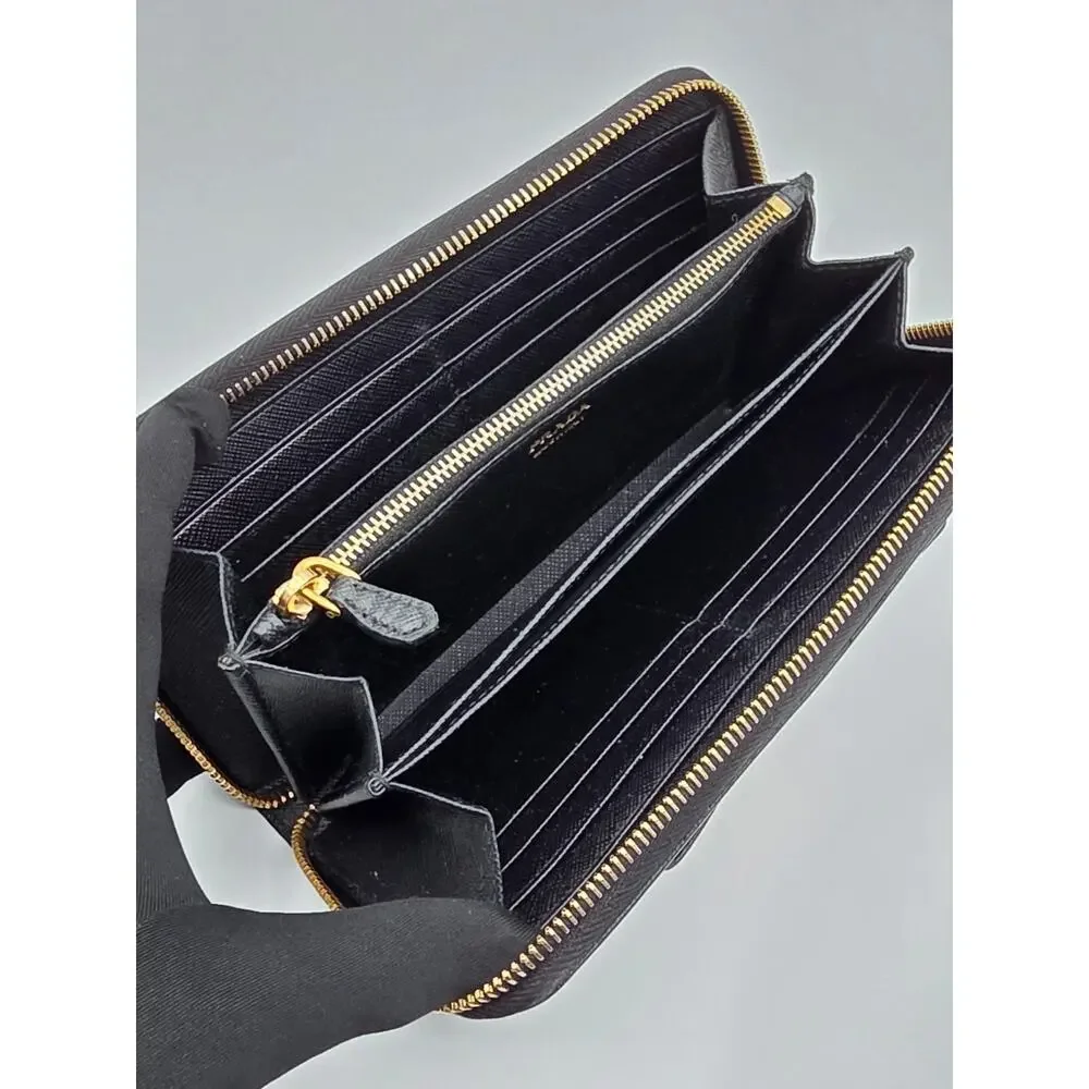 Prada Saffiano Fiocco Bow Zip Around Wallet Black Leather Gold Logo Italy